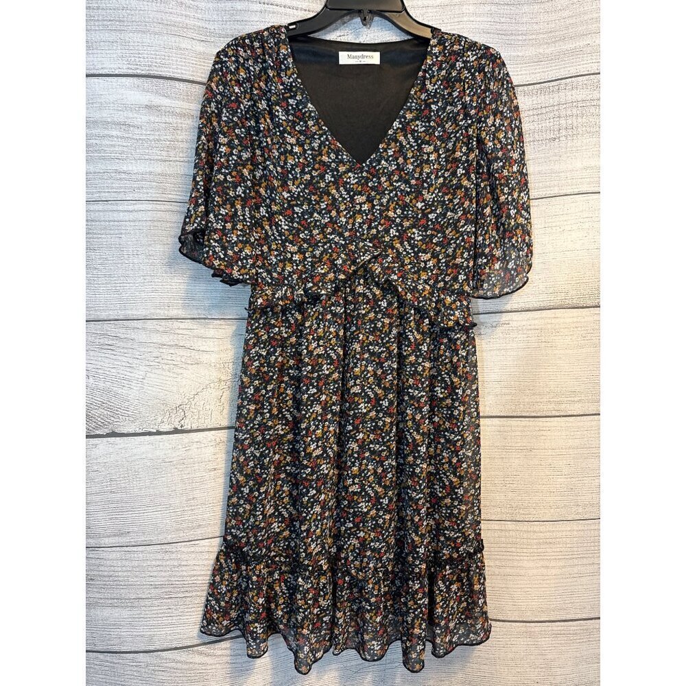 Manydress V Neck Chiffon 3/4 Ruffle Bell Sleeve Dress Size M